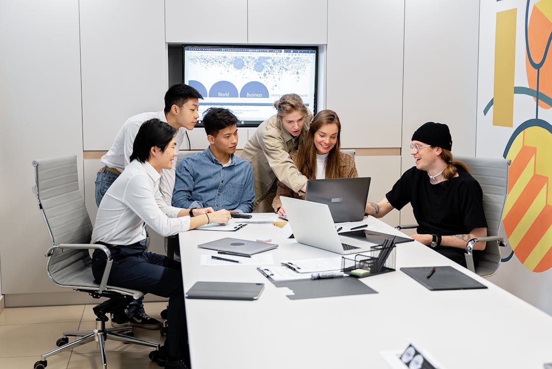 Corporate team meeting in a bright office