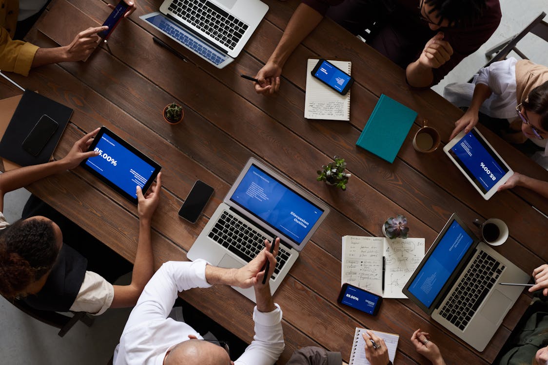 Overhead corporate strategy meeting